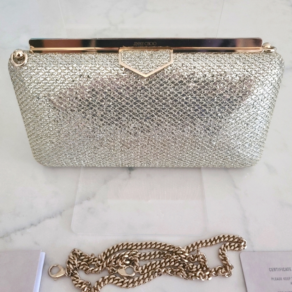 New Jimmy Choo "Ellipse" Champagne Fabric Clutch